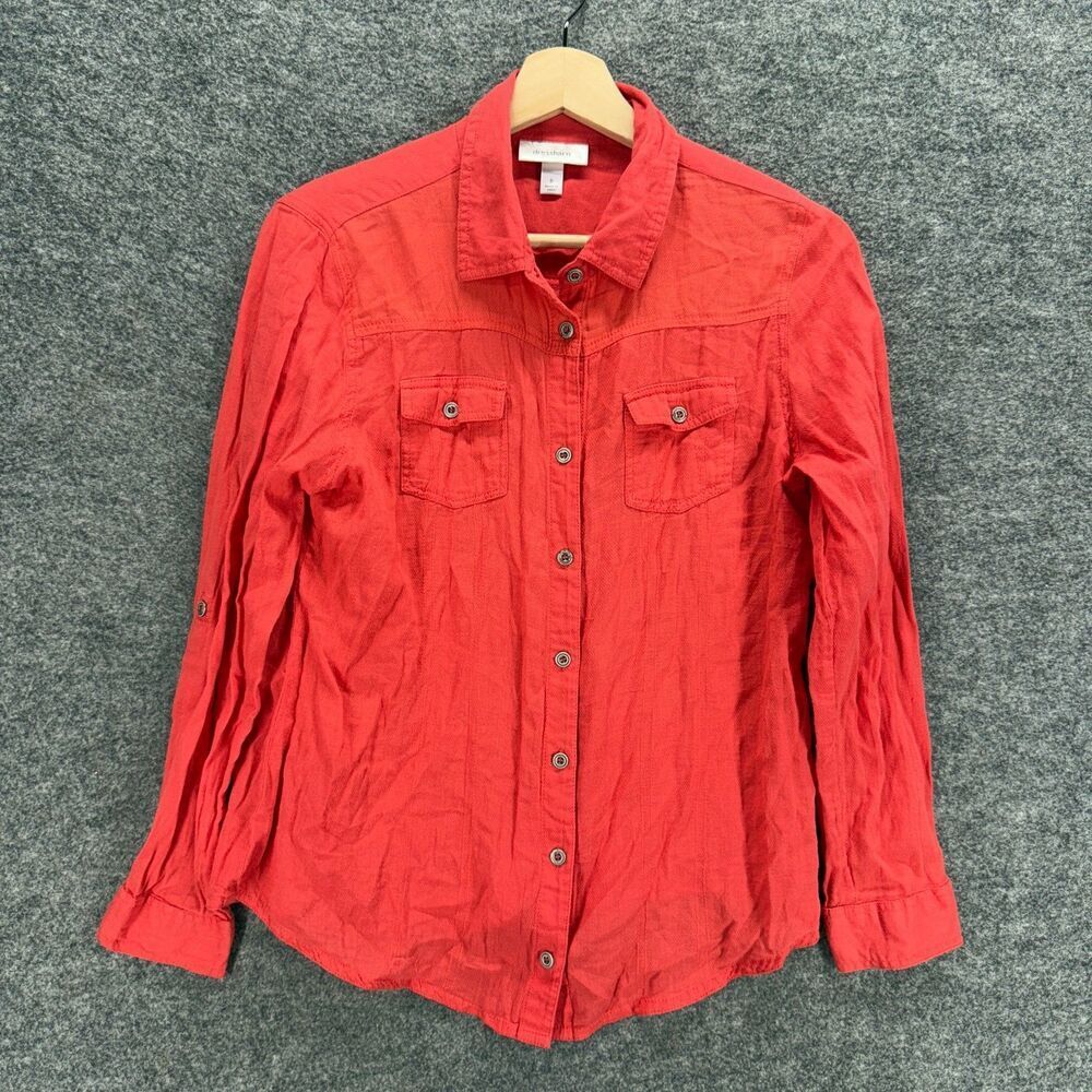 Dressbarn Shirt Women S Small Red Button Up Collared Long Sleeve Pockets Casual